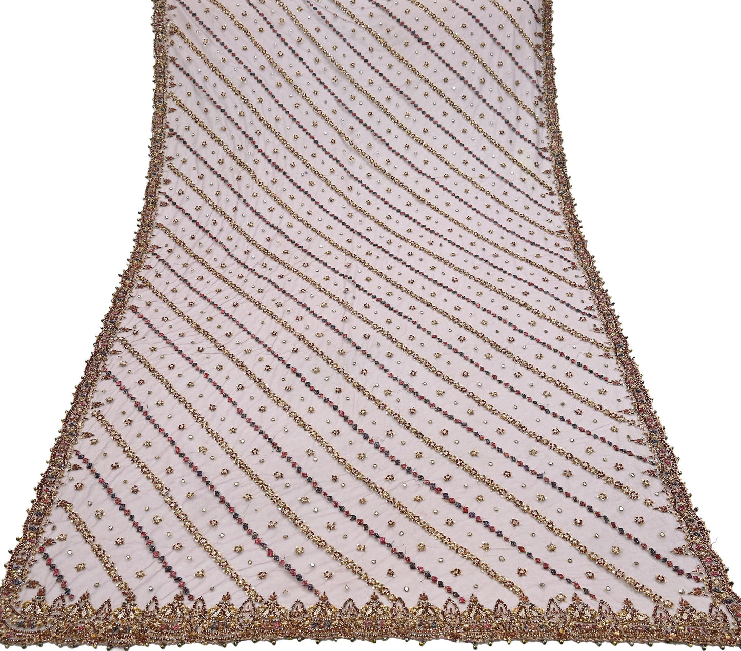 Indian Vintage wedding Hand Embroidered Purple Net Dupatta Zardozi Stole Veil Hijab Bridal