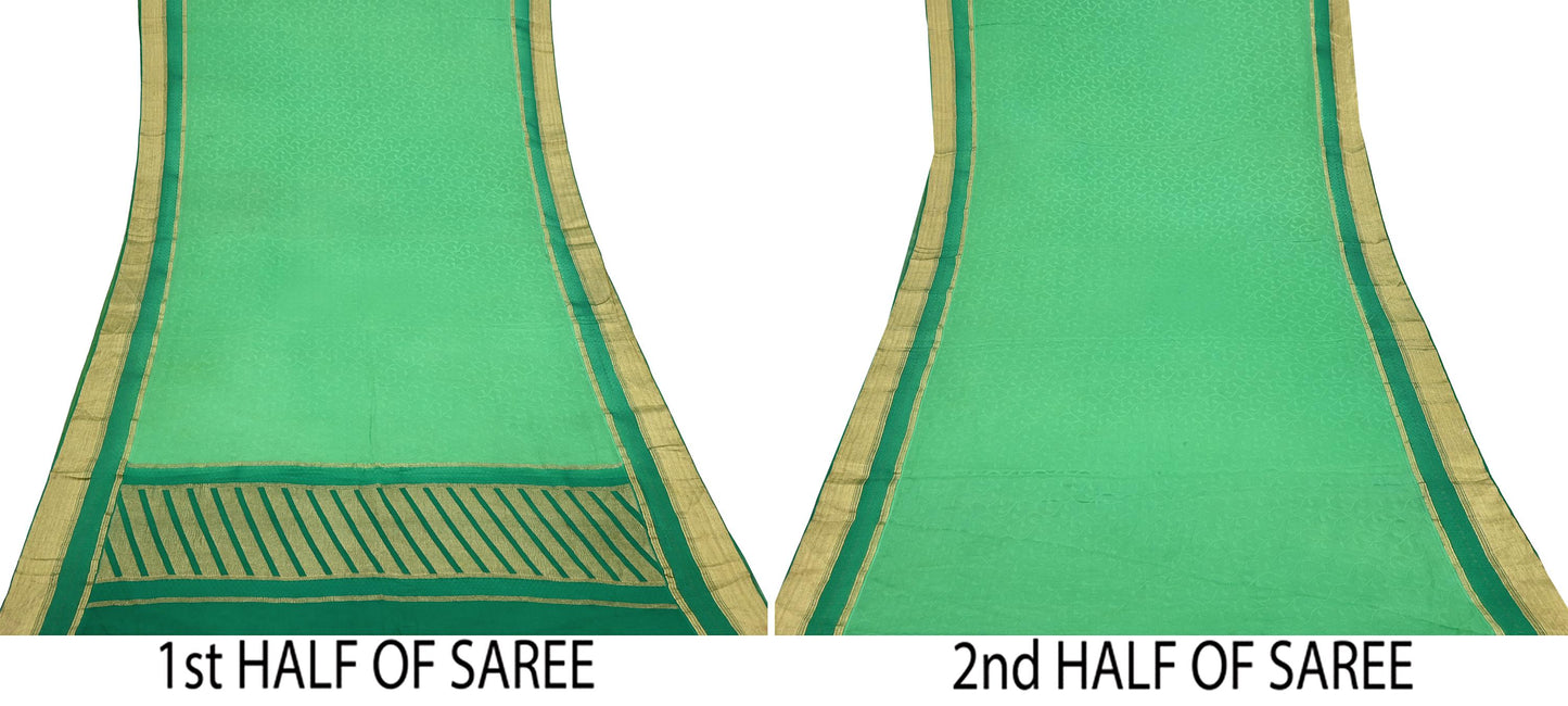 Indian Vintage Sari Green Pure Silk Hand Woven Sarees Fabric 5Yd Ethnic Dress Making Crafting Upcycle Quilting Zari Border