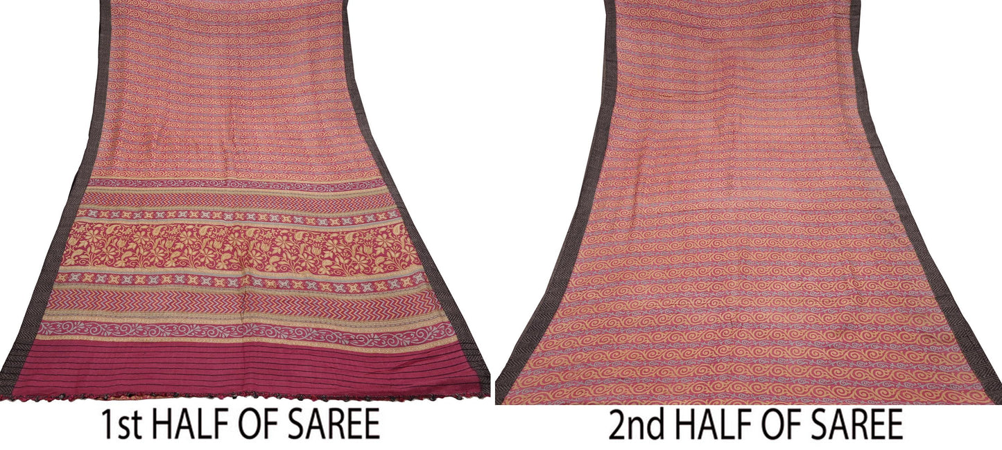 Indian Vintage Saree Pink & Beige Pure Woolen Woven Printed Sari Soft Warm Fabric 5Yard Floral Woven Border