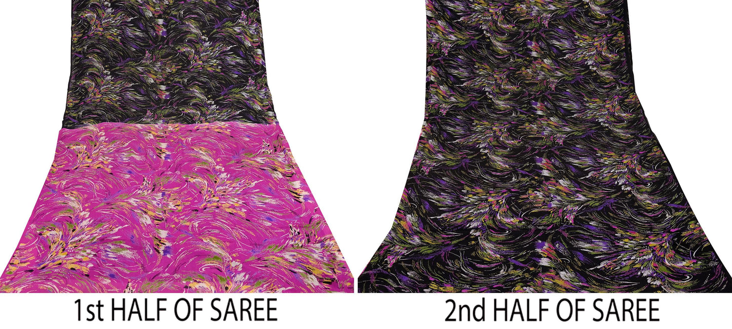 Indian Vintage Sari Pink & Black Printed Pure Silk Sarees 5yd Sewing Craft Fabric Floral Dress Making Soft Quilting Crafting Upcycle Used