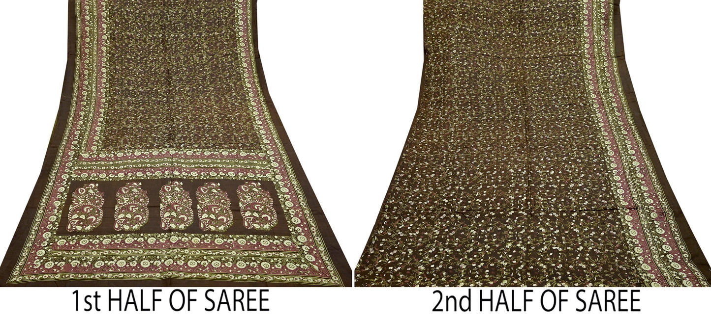 Indian Vintage Sari Brown Printed 100% Pure Silk Sarees 6yd Sewing Craft Fabric Soft Dress Making Wrap Floral Upcycle Quilting Crafting Used
