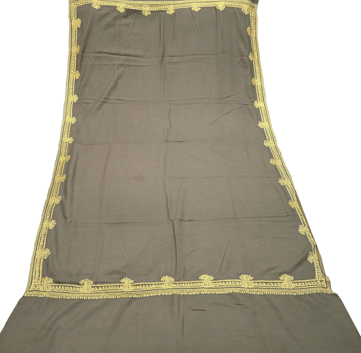 Vintage Gray Shawl Pure Woolen Hand Embroidered Golden Zari Long Throw Stole Warm Stole Floral Design Soft