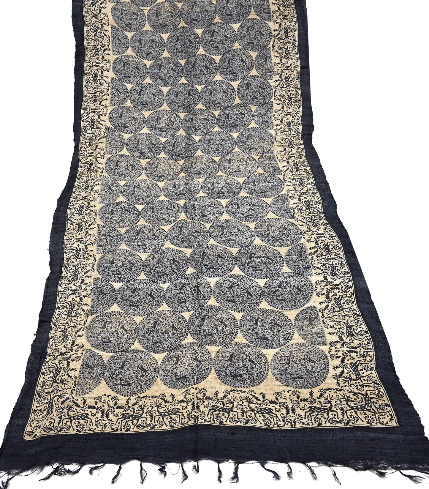 Indian Vintage Beige & Black Dupatta Long Stole 100% Pure Khadi Silk Hand Woven/ Printed Scarves Veil Scarf Wrap Hippie Fringes