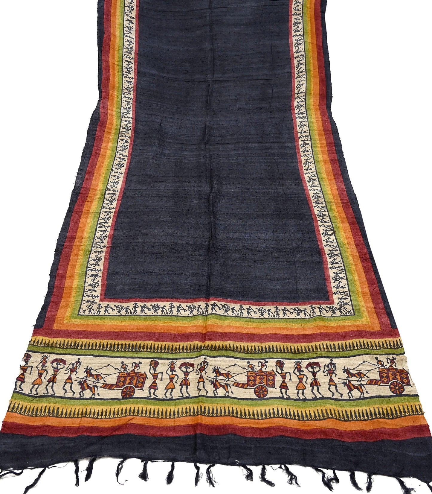 Indian Vintage Beige Dupatta Long Stole 100% Pure Khadi Silk Handloom warli Print Scarves Veil Scarf Wrap Hippie Fringes