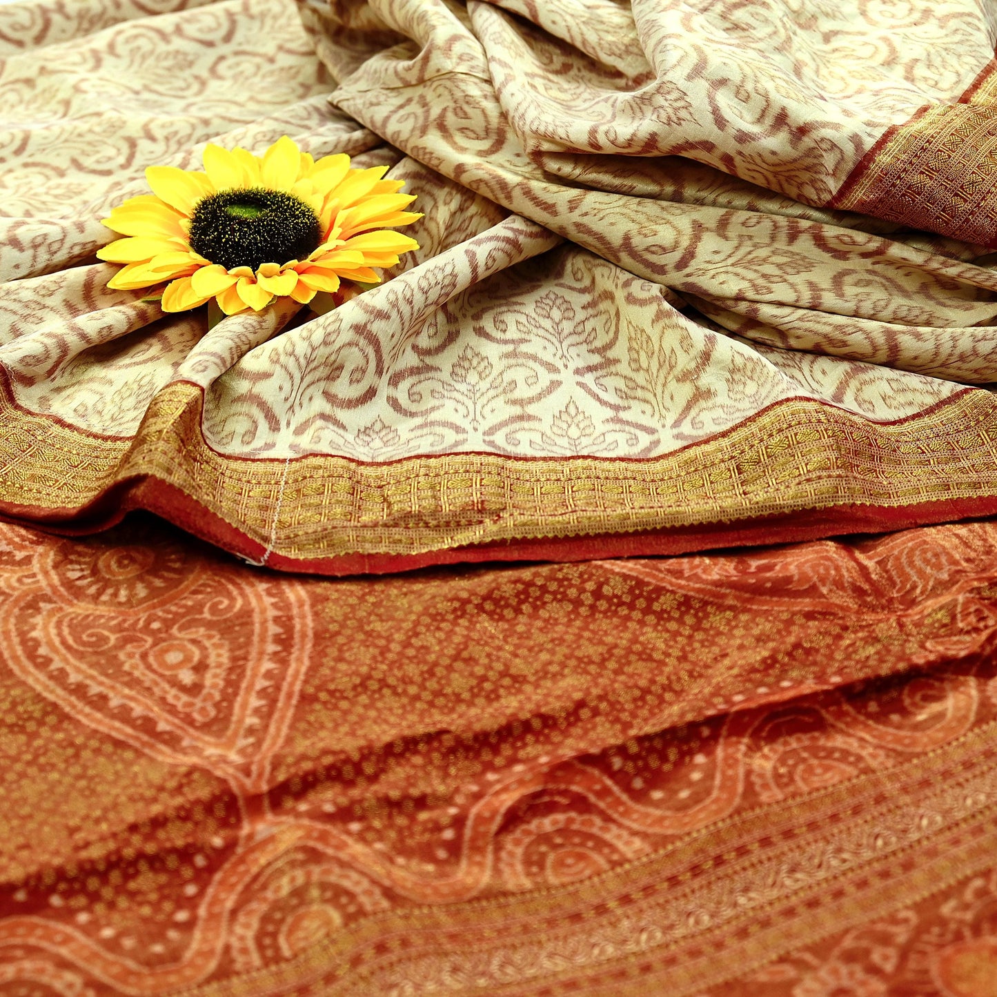 Indian Vintage Saree Maroon & Ivory Pure Silk Hand Woven Double Ikat Patola Sari Craft Fabric 5Yard Zari Ethnic Premium Saree