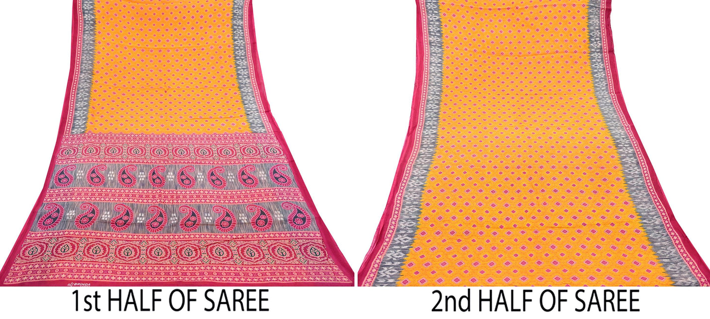 Indian Vintage Sari Pink & Saffron Printed 100% Pure Cotton Sarees Craft Fabric 5Yd Soft Sewing Sarong Wrap Floral Boho Quilting Crafting