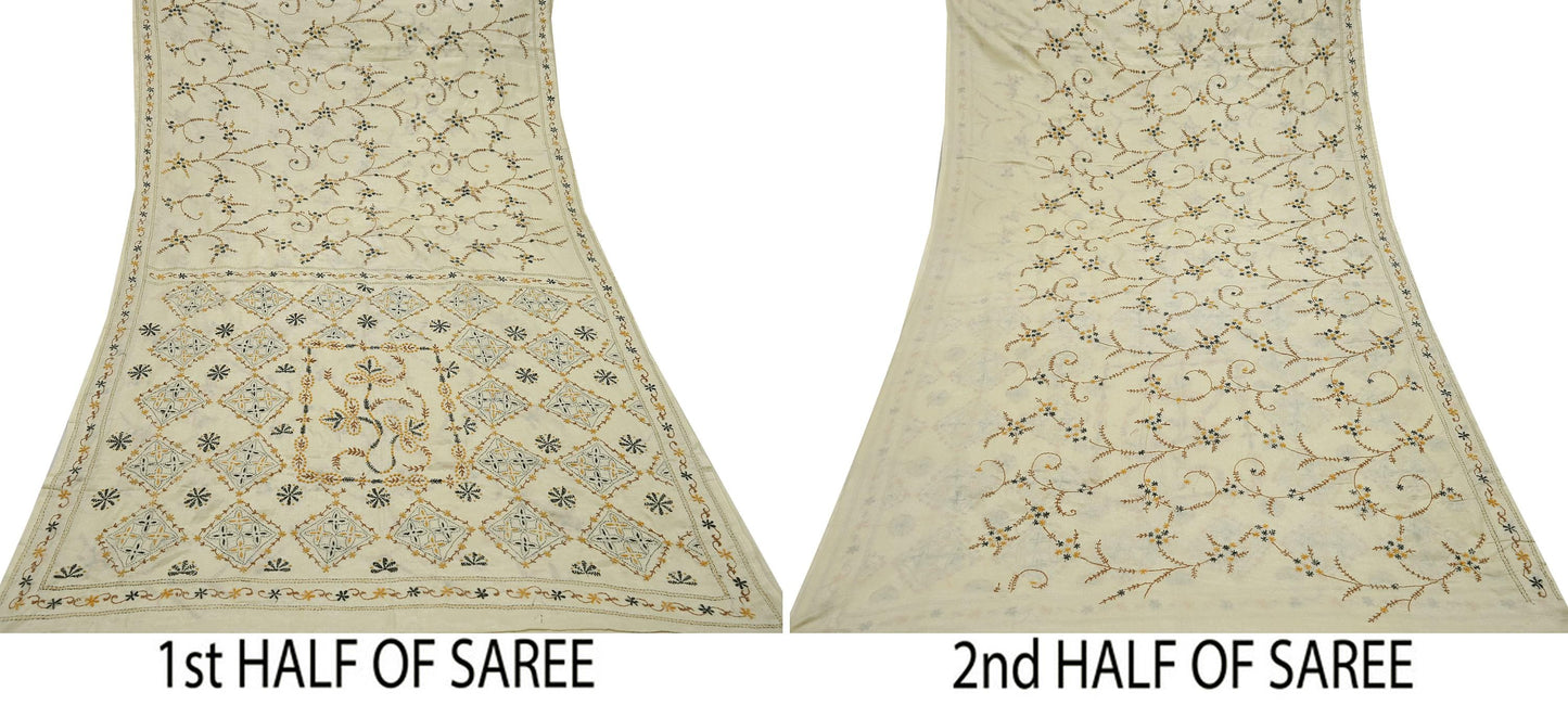 Indian Vintage Sari Ivory Artificial Silk Hand Embroidered Kantha Sarees Craft Fabric 5yd Sewing Soft Dress Making Crafting Upcycle Quilting