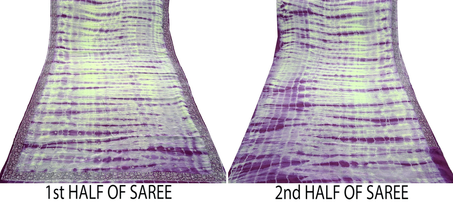 Indian Vintage Purple & Green Saree Pure Crepe Silk Hand Embroidered Tie-Dye Sari Fabric 5yard Sewing Craft Fabric Ethnic zari
