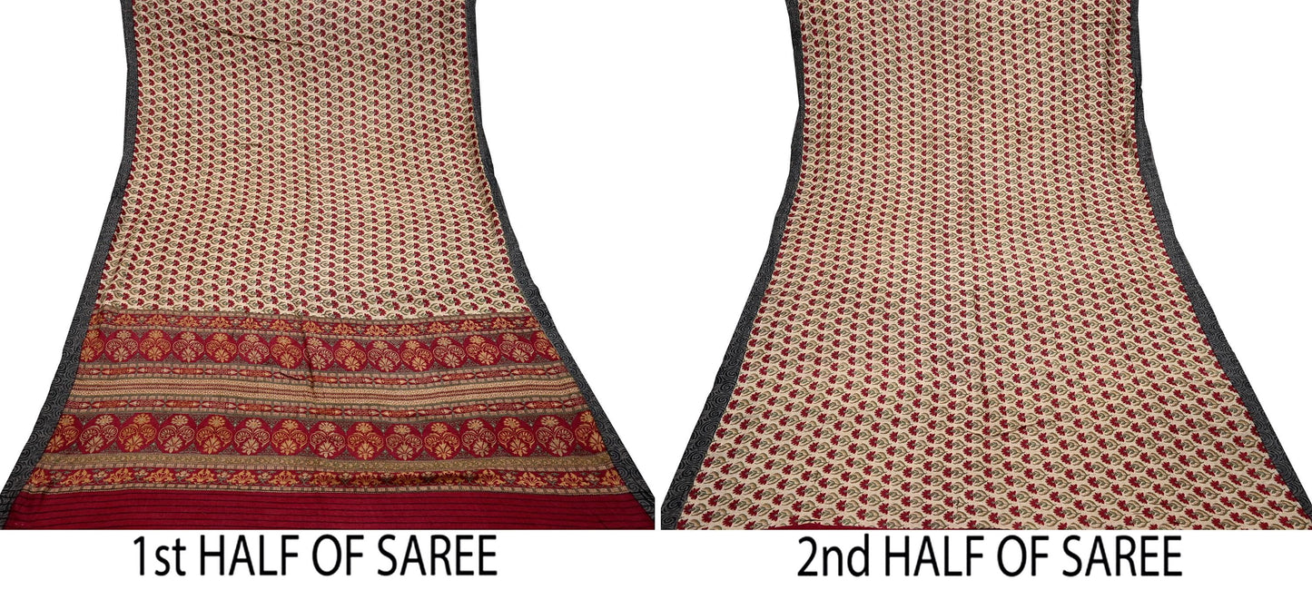 Indian Vintage Sari Maoon & Beige Pure Woolen Woven Printed Sarees Soft Warm Craft Fabric 5Yd Floral Dress making Crafting For Winter Soft