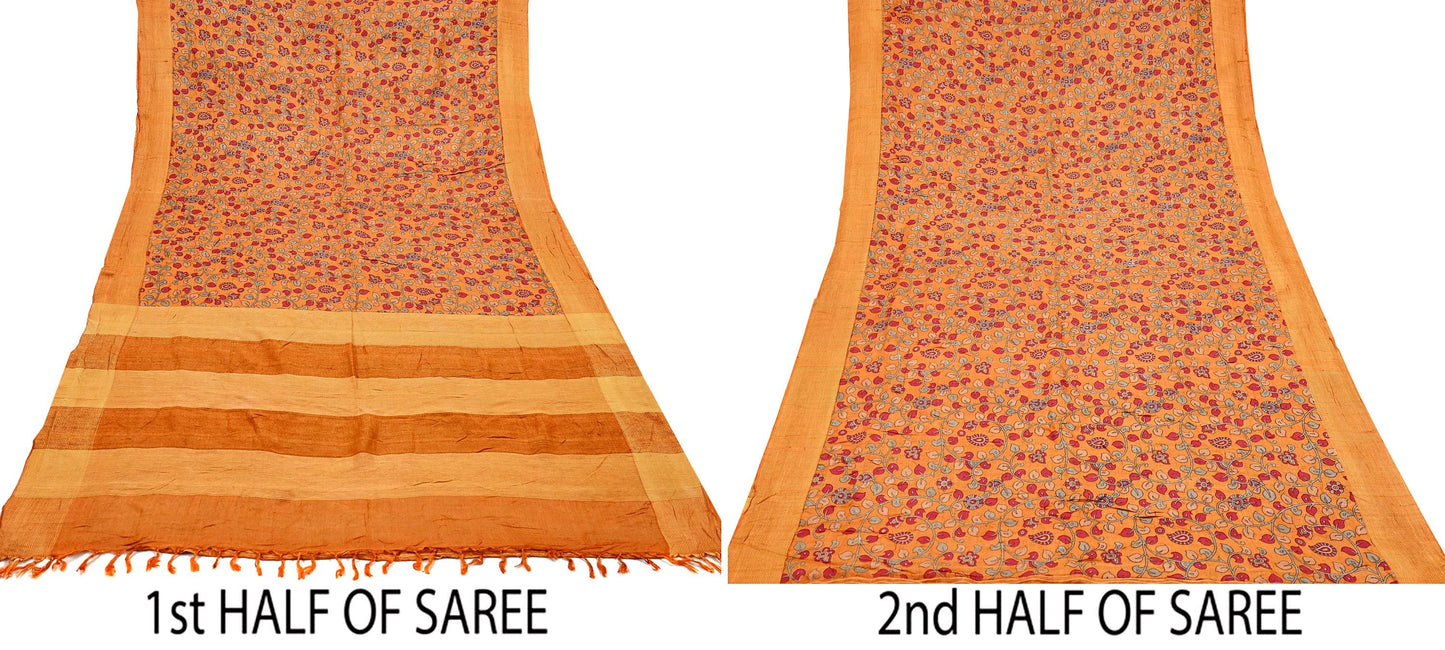 Indian Vintage Saffron Saree Pure Khadi Silk Handloom Kalamkari Sari Craft Fabric 5yd Ethnic Wear Sari Floral