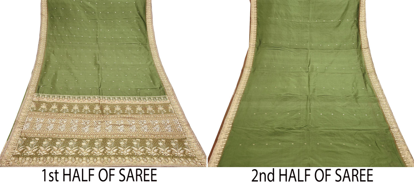 Indian Vintage Saree Green Heavy Hand Embroidered Kanjivaram Sari Pure Silk Fabric 5 Yards Dress Making Bollywood Sarees
