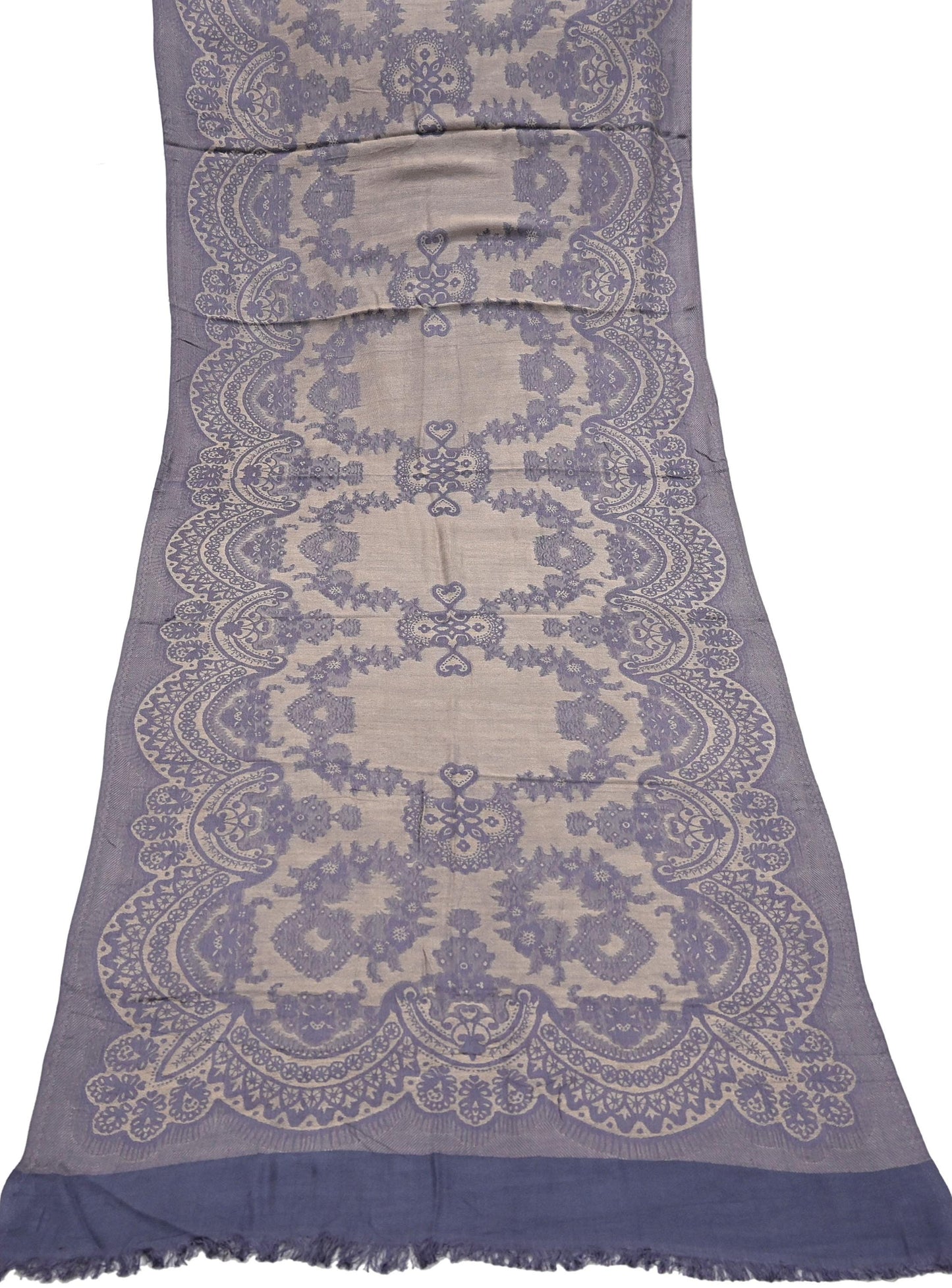 Vintage Gray & Beige Viscose Stole Handmade Woven Long Throw Stole Warm Floral Design Fringes