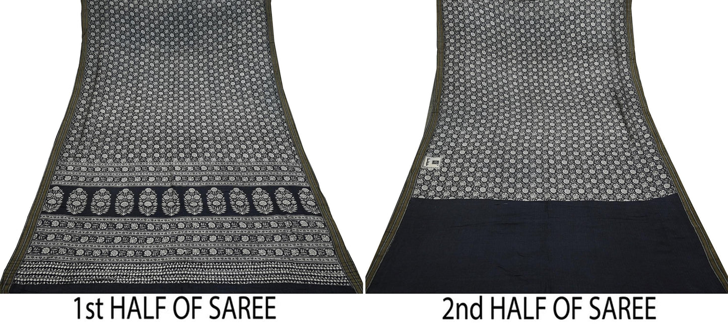 Indian Vintage Black & Gray Saree Pure Woolen Woven Printed Sari Warm Craft Fabric 5Yd Woven Border Dress making Crafting Dress Designing