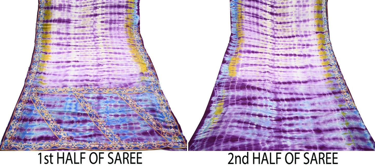 Indian Vintage Blue & Purple Saree Pure Crepe Silk Hand Embroidered Tie-Dye Sari Fabric 5yard Craft Ethnic Zardozi