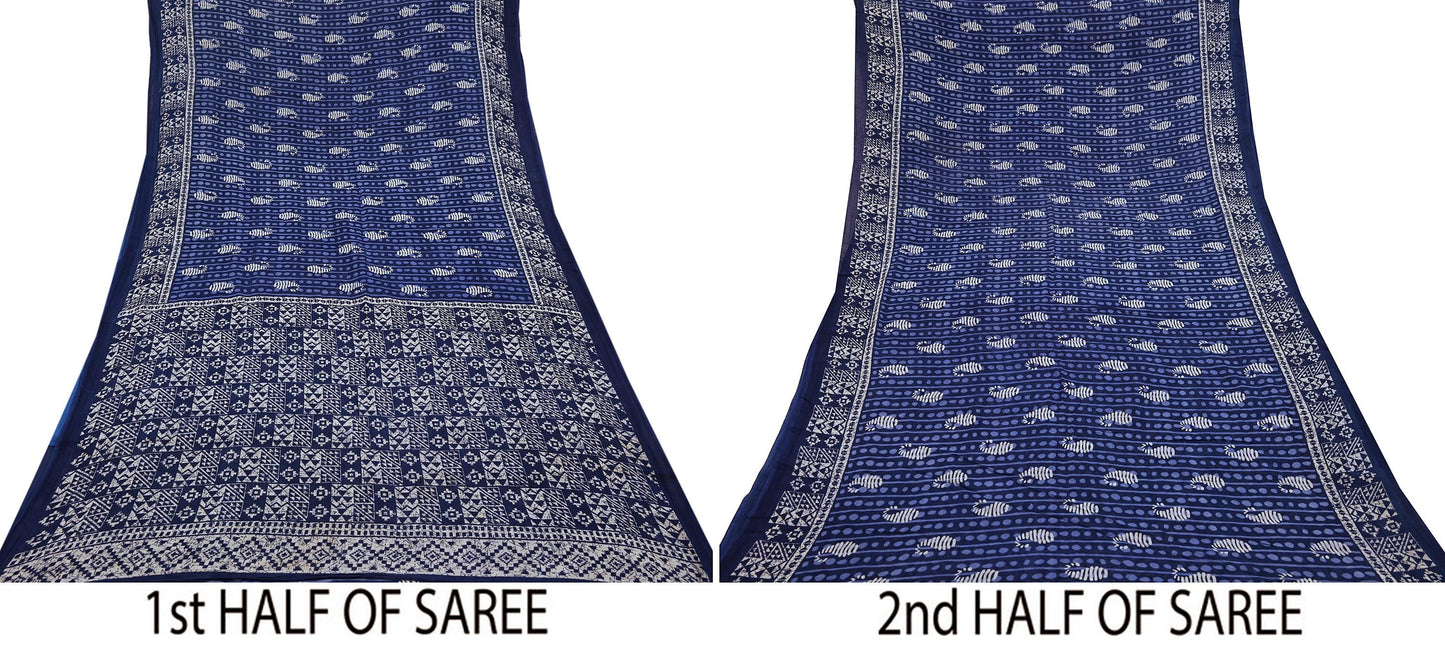 Indian Vintage Sari White & Blue Printed 100% Pure Cotton Sarees Craft Fabric 5Yd Sewing Sarong Wrap Boho Floral Quilting Crafting