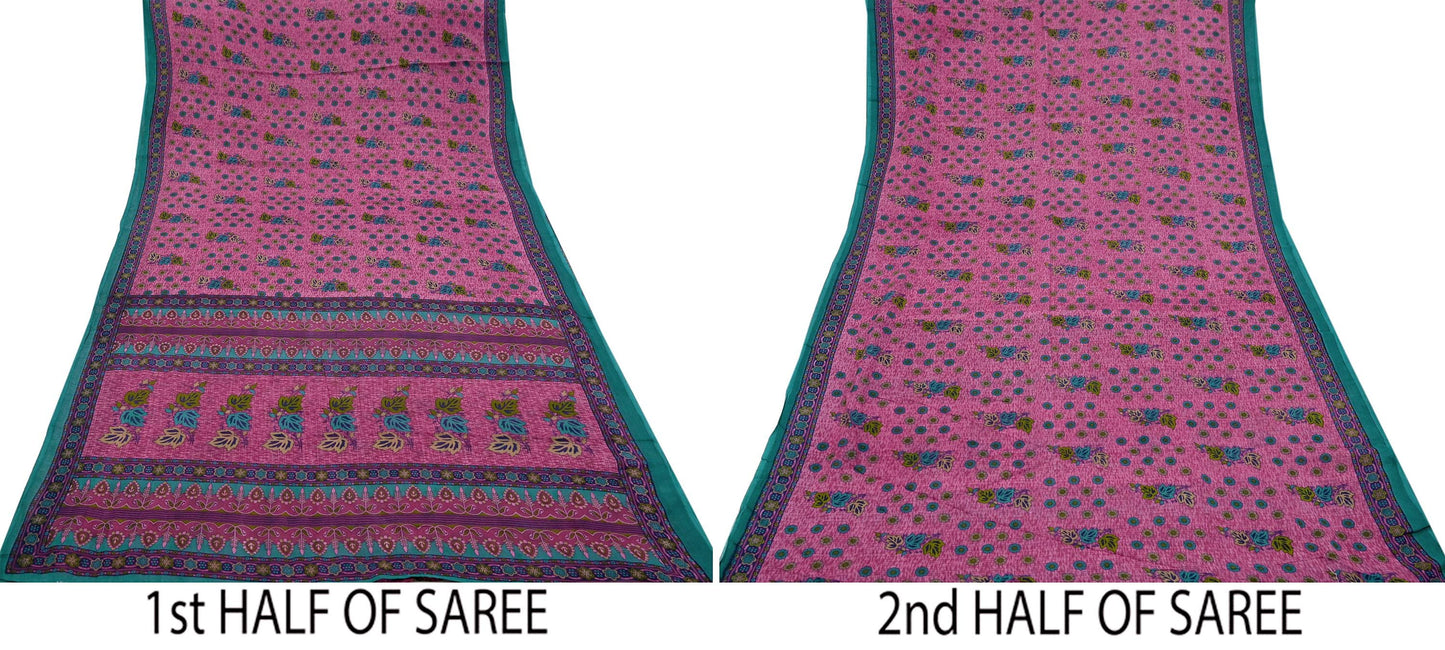 Indian Vintage Sari Pink & Green Printed 100% Pure Cotton Sarees Craft Fabric 5Yd Soft Sewing Sarong Wrap Floral Boho Quilting Crafting Used