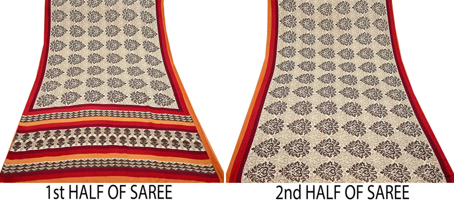 Indian Vintage Saree Brown & Beige Moss Crepe Printed Sari 6 Yards Floral Soft Fabric for Sewing, Dressmaking, Crafting, Quilting