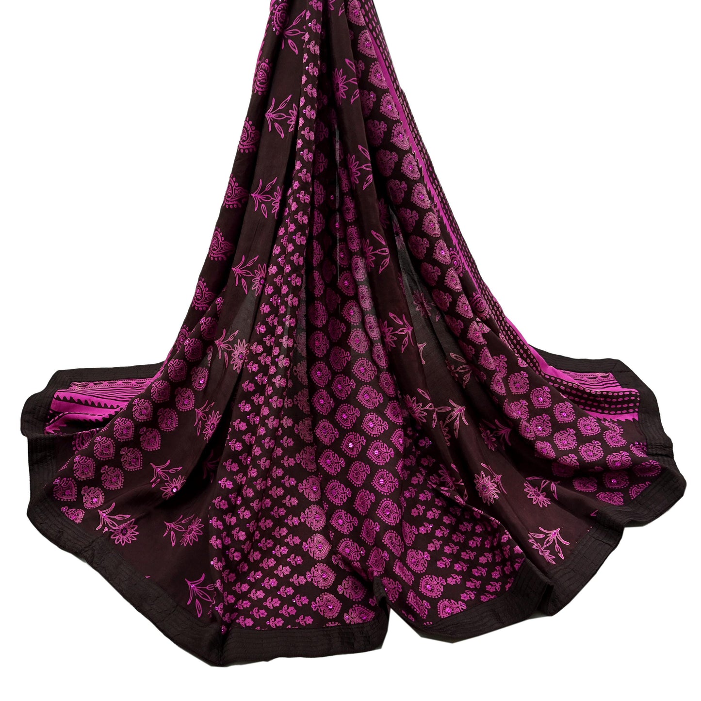 Indian Vintage Brown Dupatta Long Stole Hand Block Print Pure Silk Scarves Veil Hijab