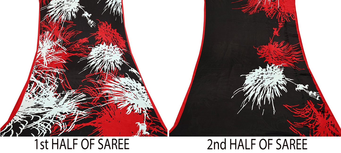 Indian Vintage Saree Black Satin Printed Sari 6yd Sewing Floral Soft Craft Fabric Dressmaking For Crafting Quilting Upcycle