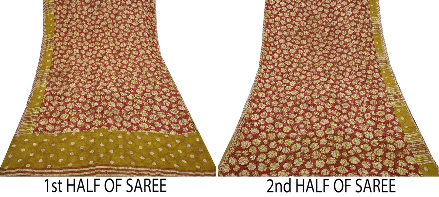 Women Vintage Sari Red & Green 100% Pure Georgette Silk Printed Saree Craft Fabric Sewing 5Yd Soft Sari Dress Making
