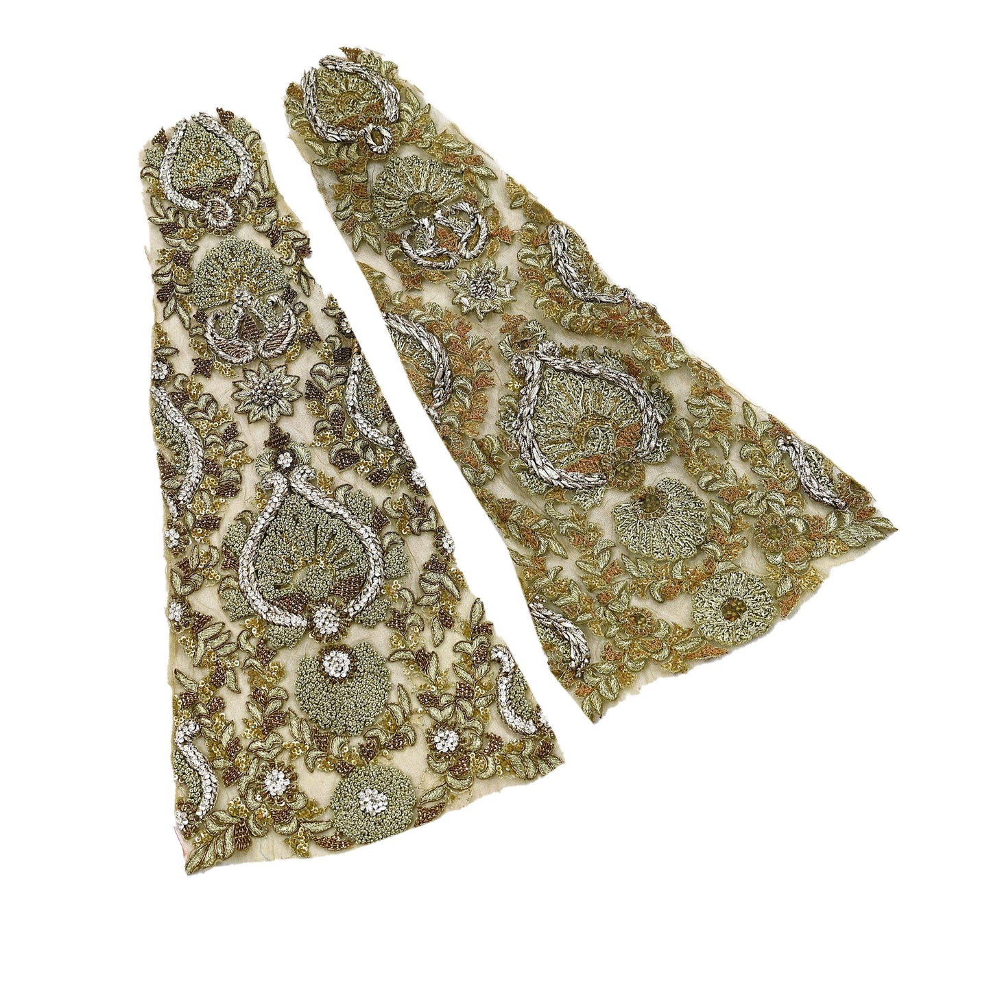 Indian Vintage Green Net/Mesh Appliques Set of 1 | Hand-Embroidered Floral Patches with Zardozi,Dabka, Zari,for Craft, Journals