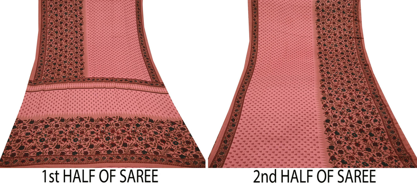 Indian Vintage Sari Peach Moss Crepe Printed Sarees 6yd Craft Fabric Sewing Floral Soft Dress making Quilting Crafting Upcycle Used