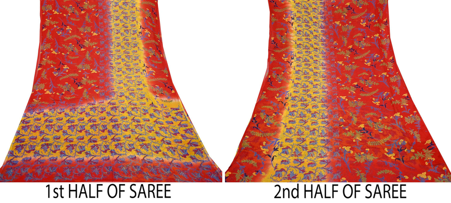 Women Vintage Sari Red & Yellow Pure Chiffon Silk Printed Saree Craft Fabric Sewing 5Yard Soft Light Sari Dress Making Floral