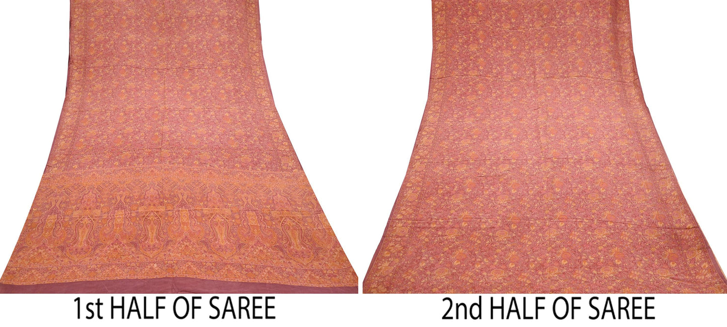 Indian Vintage Sari Brown Printed 100% Pure Satin Silk Sarees 5yd Sewing Craft Fabric Dress Making Wrap Upcycle Quilting Crafting