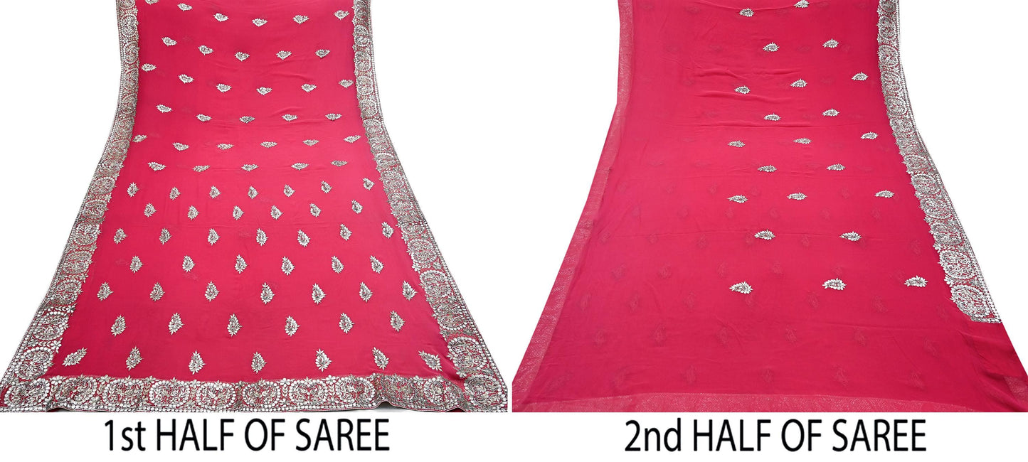 Indian Pre-owned Heavy Sari Pink Pure Georgette Silk Hand Embroidered Sarees Designer Abu Jani 5Yd Sewing Ethnic Sarees