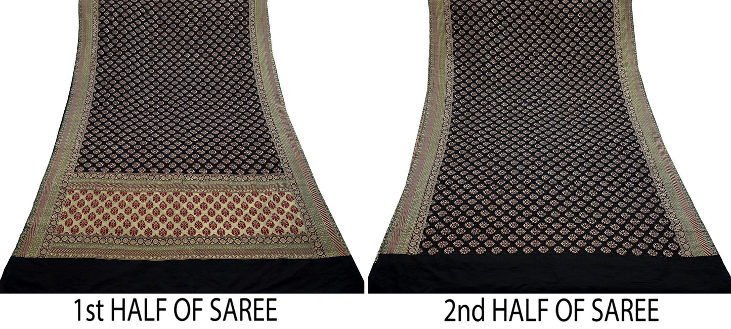 Vintage Heavy Black Sarees Pure Silk Hand Woven Sari Craft Fabric 5Yd Sewing Soft Ethnic Zari Dress Making Wedding Sari