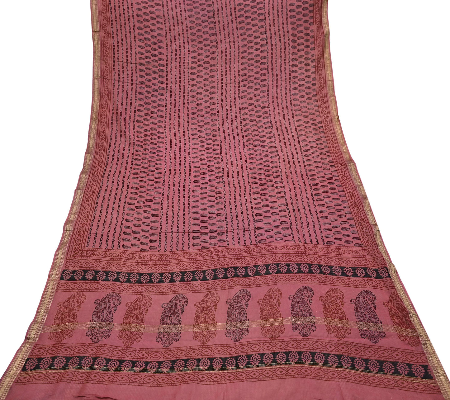Indian Pink Vintage Dupatta Long Stole Block Print Pure Chanderi Silk Scarves Veil Golden Zari Soft Paisley Design