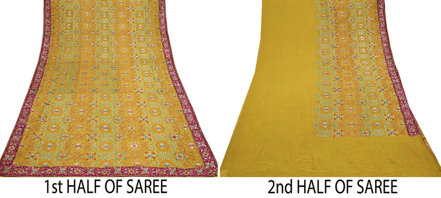 Indian Heavy Sari Mustard Pure Georgette Silk Hand Embroidered Sarees Designer Manish Malhotra 6Yd Sewing Ethnic Bollywood party wear saree