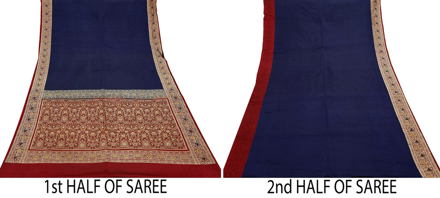 Indian Vintage Sari Blue & Maroon Heavy Pure Satin Silk Woven Banarasi Tanchoi Saree 5Yd Ethnic Craft Fabric Upcycle Bridal Heavy Sarees
