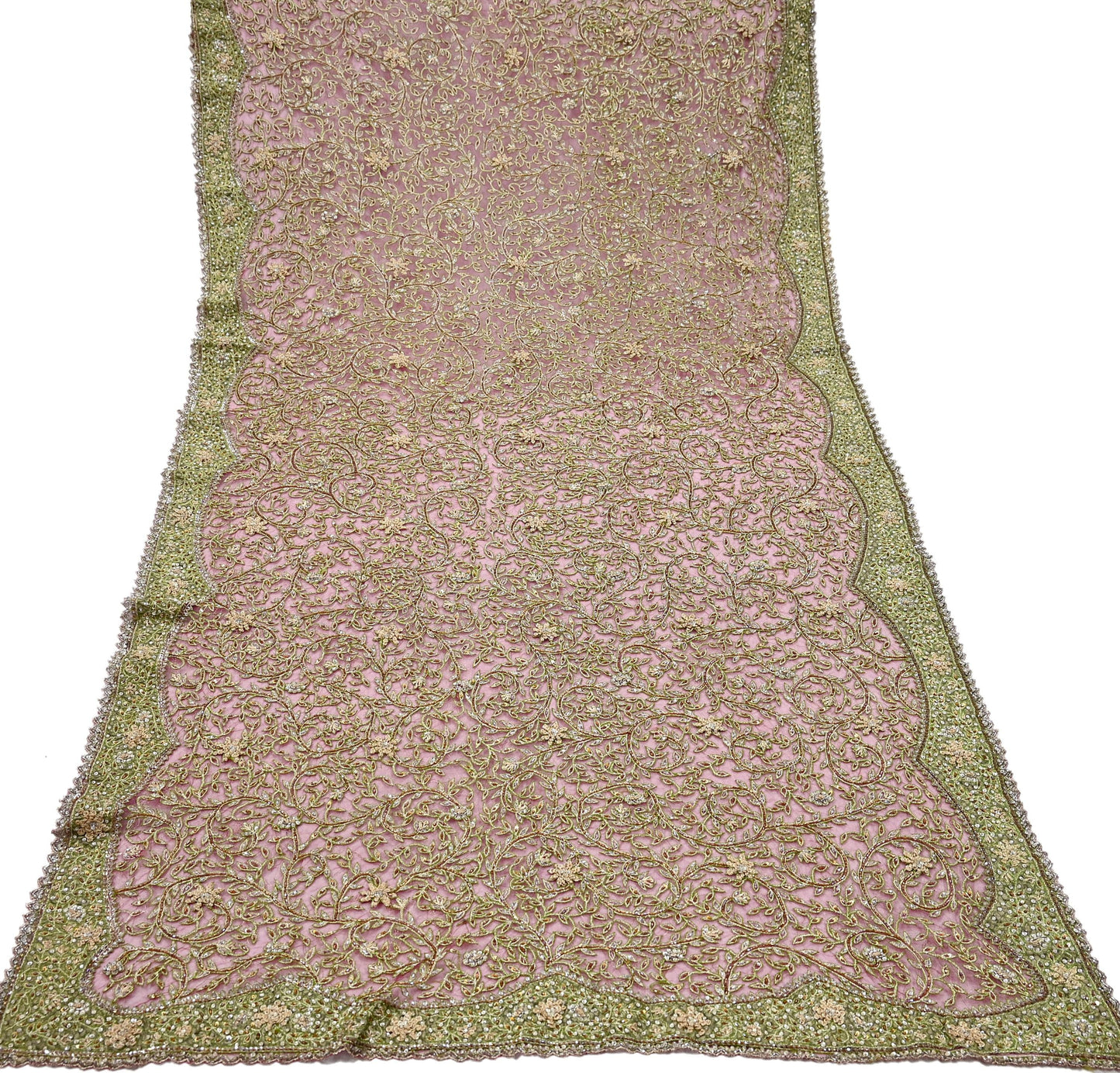 Indian Vintage Heavy Bridal Dupatta Pink Net Mesh Long Stole Hand Embroidered Scarves Silver Zardozi Dabka Zari Sequins Wedding Dupatta
