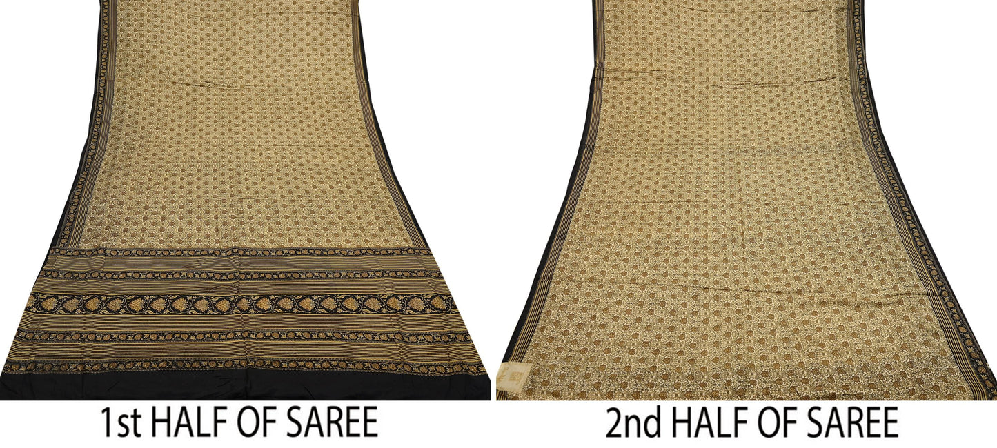 Indian Vintage Black & Beige Saree Pure Silk Block Printed Sari Craft Fabric 6yd Sewing DressMaking Soft Floral Quilting Crafting Upcycle