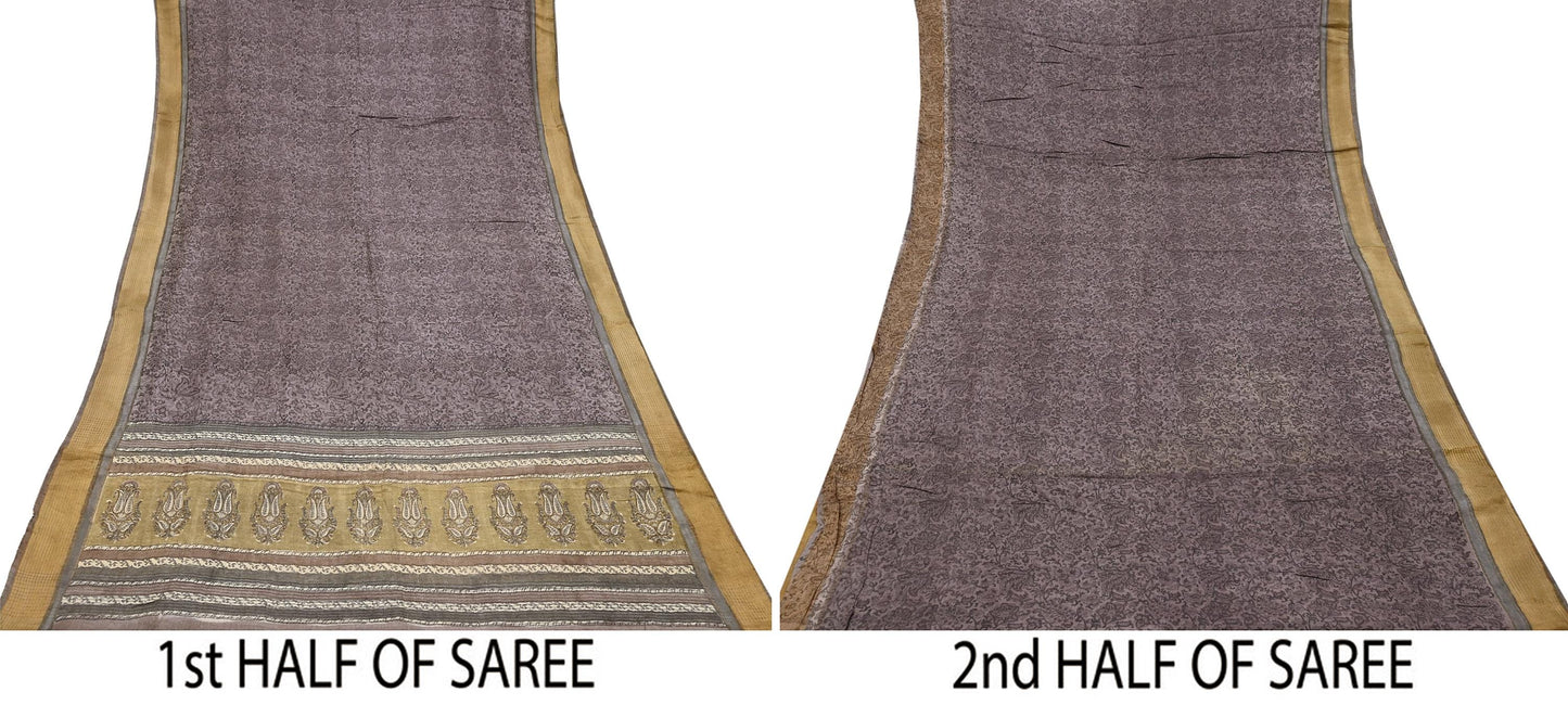 Indian Vintage Sari Purple & Gray Pure Woolen Woven Printed Sarees Soft Warm Craft Fabric 5Yd Floral Dress making Crafting For Winter Soft