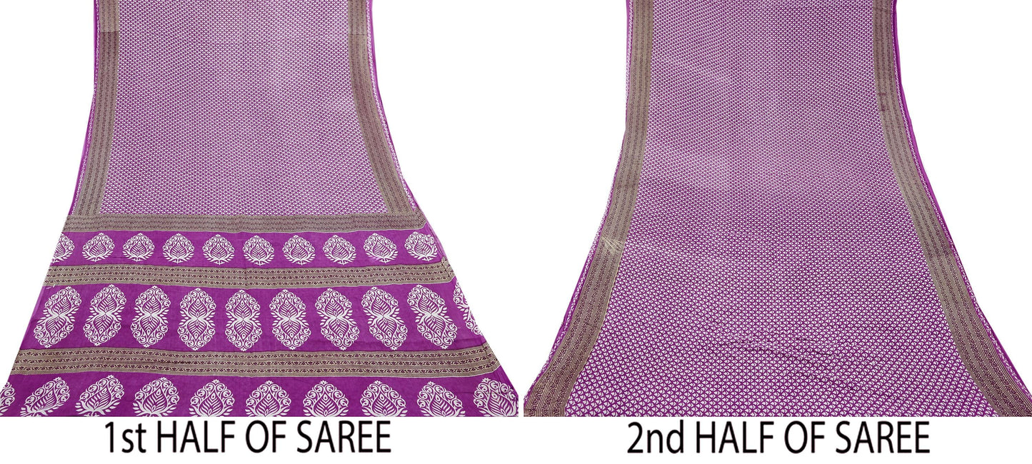 Indian Vintage Sari Purple Pure Cotton Printed Sarees Craft Fabric Soft 5Yd Sarong Wrap Boho Fabric Kimono Quilting Crafting Upcycle