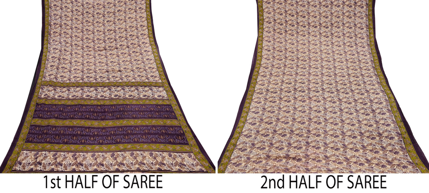 Indian Vintage Sari Beige & Purple Pure Cotton Printed Sarees Craft Fabric Soft 5Yd Sarong Wrap Boho Fabric Kimono Quilting Crafting Upcycle