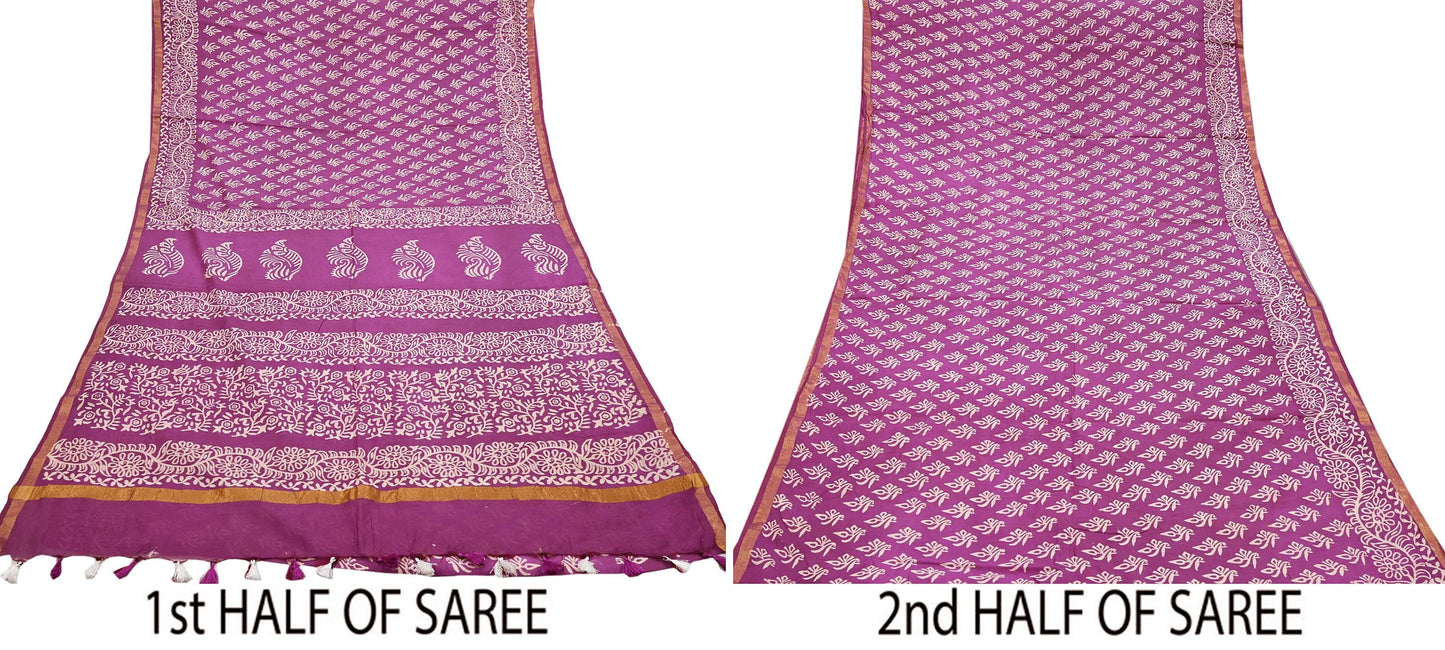 Indian Vintage Sari Purple Pure Chanderi Cotton Hand Block Printed Sarees 5Yd Craft Fabric Soft Sewing Sarong Dress Making Quilting Zari