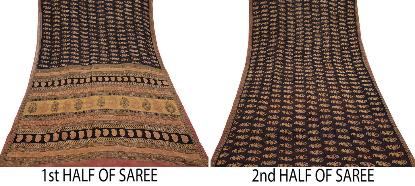 Women Vintage Sari Brown & Mustard 100% Pure Georgette Silk Block Printed Saree Craft Fabric Sewing 6Yard Soft Sari Dress Making