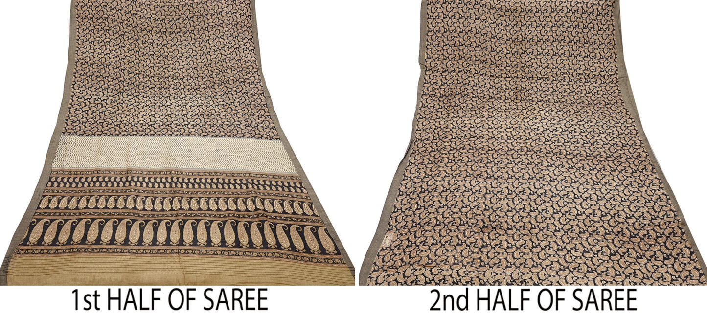 Indian Vintage Black & Beige Saree Pure Woolen Woven Printed Sari Warm Craft Fabric 5Yd Woven Border Dress making Crafting Dress Designing