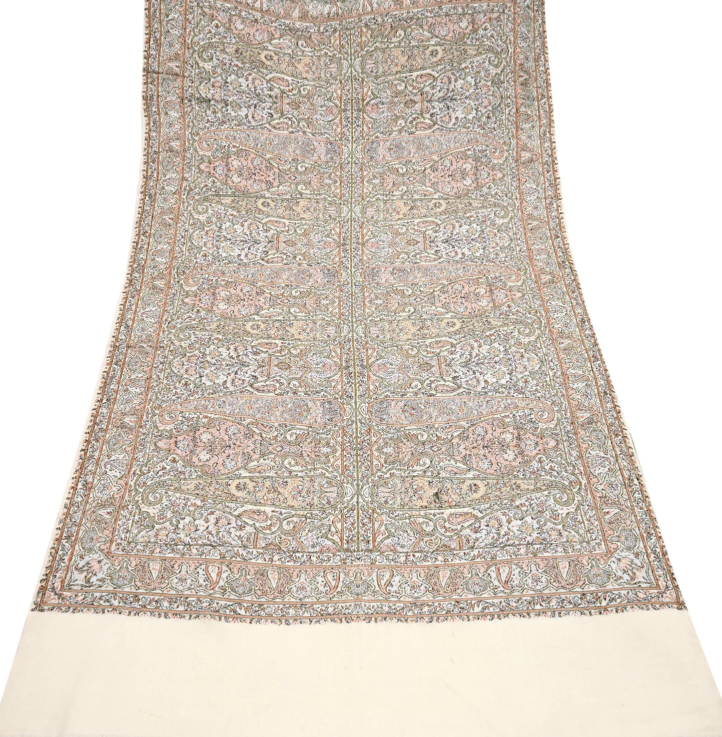 Indian Vintage Ivory Pure Woolen Shawl Handmade Woven Work Long Throw Stole Warm Abstract Design Soft