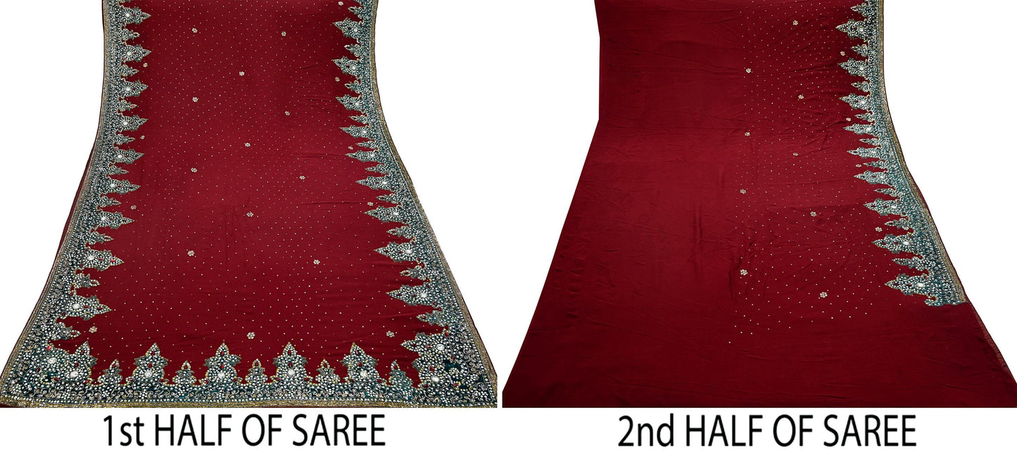 Indian Vintage Sari Maroon Pure Georgette Silk Hand Embroidered Sarees Craft Fabric 6Yd Sewing Soft Ethnic Glass Beaded Wedding Sarees