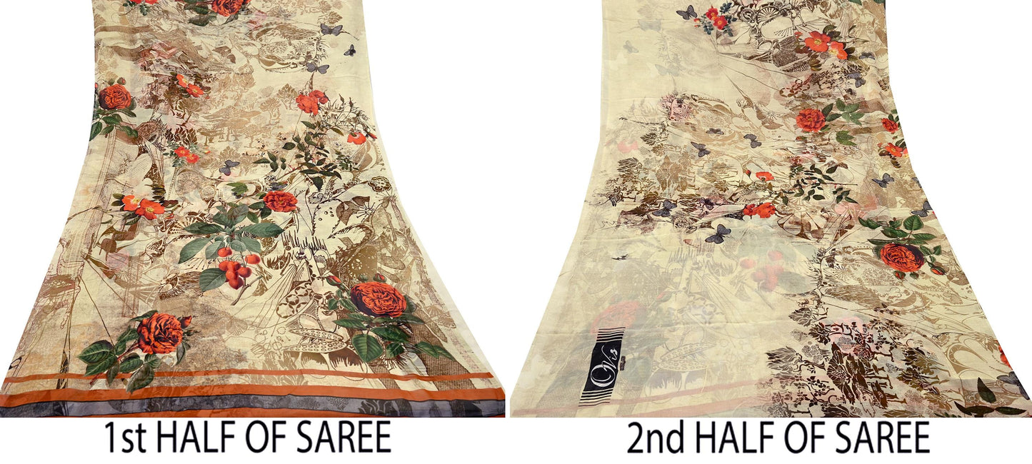 Women Vintage Sari Beige Pure Georgette Silk Digital Printed Saree Craft Fabric Sewing 6Yd Light Dress Making Geometric Crafting Quilting