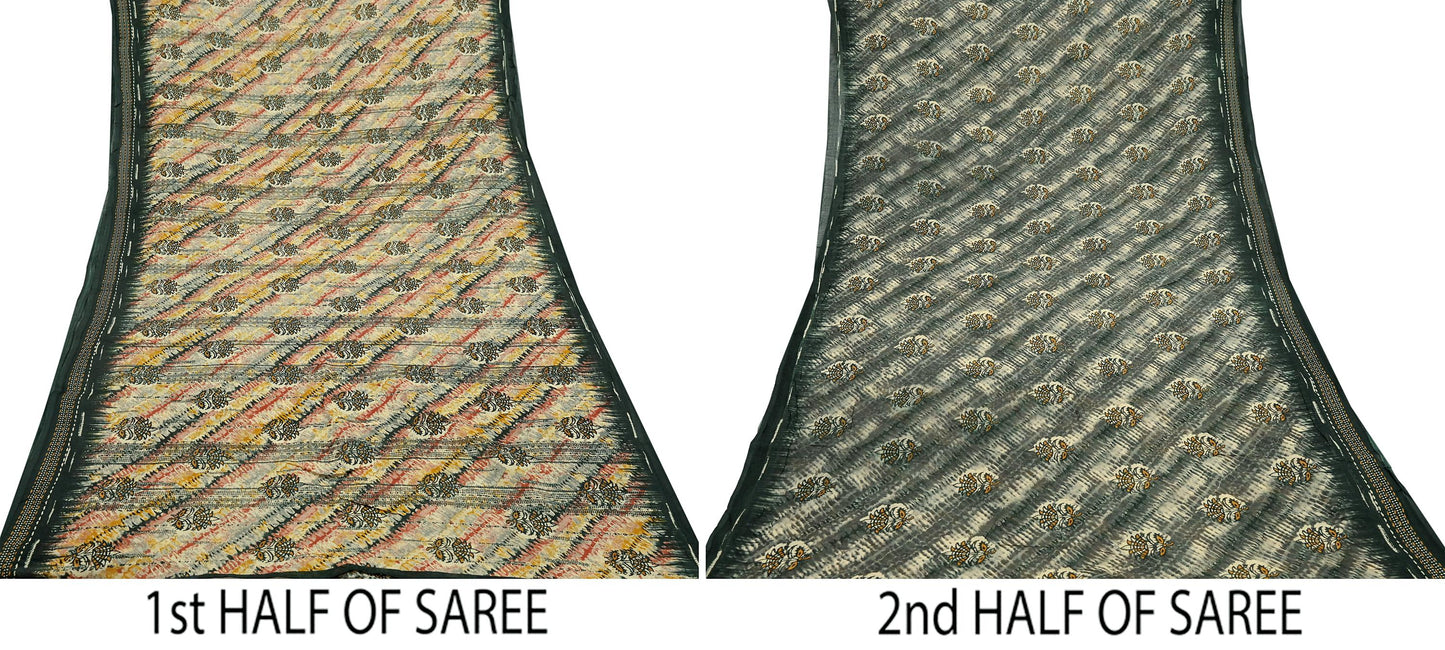 Indian Vintage Sari Multi & Green Pure Cotton Printed Sarees Craft Fabric 5Yd Soft Sewing Sarong Wrap Boho Floral Quilting Upcycle Crafting