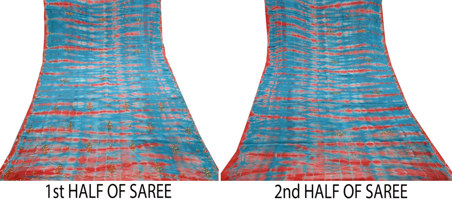 Indian Vintage Saree Blue & Red Pure Crepe Silk Hand Embroidered Tie-Dye Sari Fabric 5yard Sewing Craft Fabric Ethnic Dressmaking Crafting