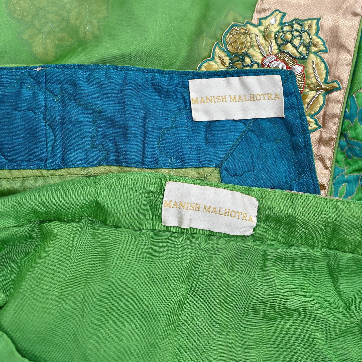 Indian Pre-owned Heavy Green Pure Chanderi Silk Hand Embroidered Lehenga Set Of 2pcs Designer By Manish Malhotra Party Wear