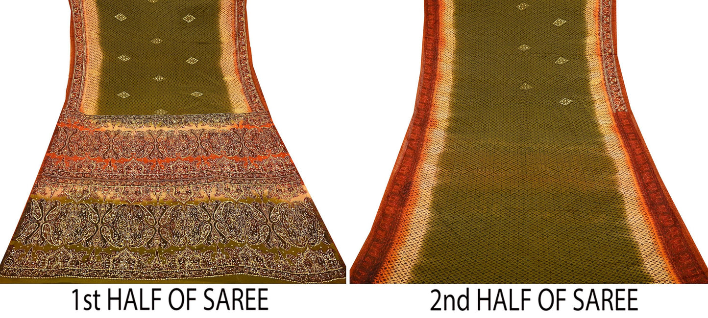 Indian Vintage Sari Green & Orange Artificial Silk Hand Embroidered Sarees Craft Fabric 5Yd Sewing Soft Zardozi/Zari Upcycle Dress Making
