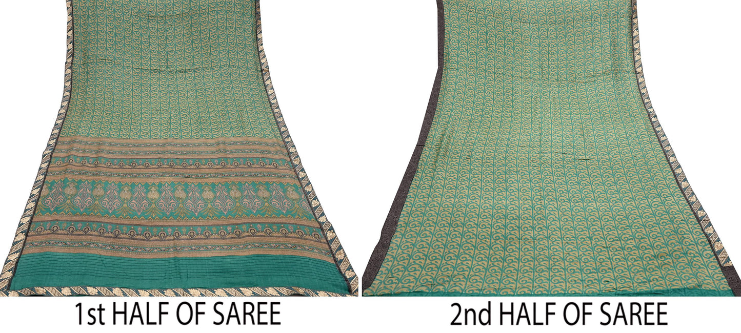 Indian Vintage Green & Beige Sarees Pure Woolen Woven Printed Sari Soft Warm Craft Fabric 5Yd Woven Border Dress making Crafting Quilting