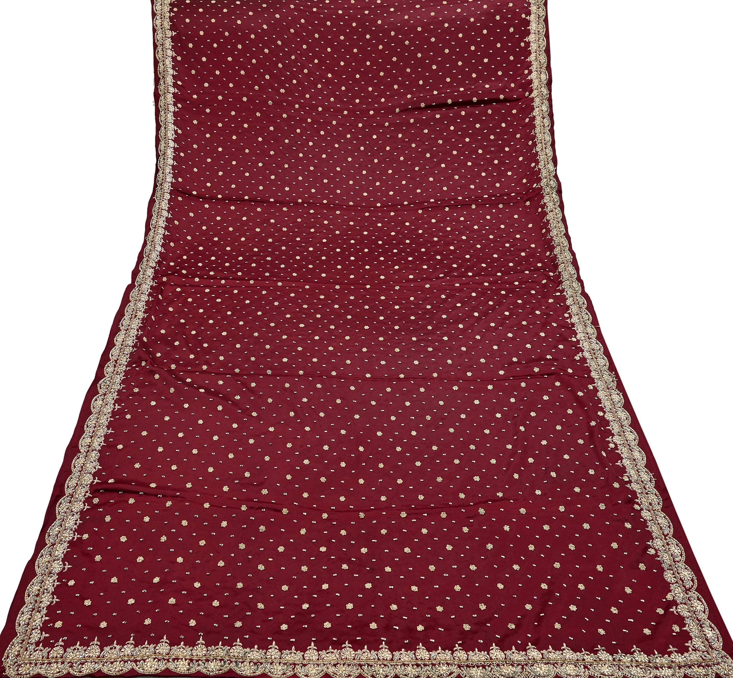 Indian Vintage Heavy Wedding Maroon Dupatta Pure Satin Silk Long Stole Hand Embroidered Scarves Golden Zardozi Bridal Veil